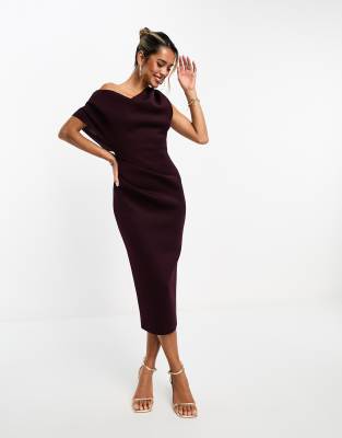 ASOS DESIGN - Midikleid in Aubergine mit abfallender Schulterpartie und Faltendetail-Lila