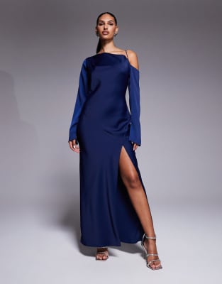 ASOS DESIGN - Midikleid in Blau mit asymmetrischem Ausschnitt und Bindeband am Rücken-Marineblau