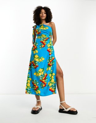 ASOS DESIGN - Midikleid in Blau mit One-Shoulder-Träger, Zierausschnitt und Früchtemuster-Bunt