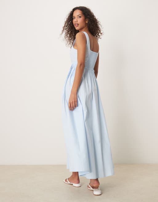 ASOS DESIGN square neck pleated waist midi dress in blue