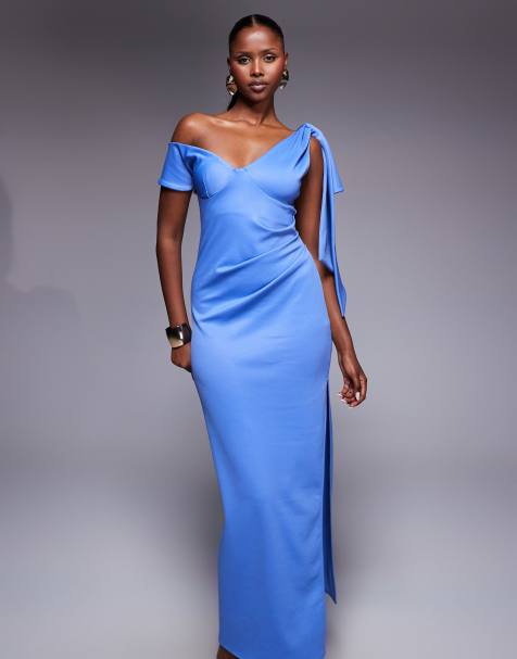 ASOS DESIGN – Midikleid in Blau mit überschnittenen Schultern und Drapierung - view 1