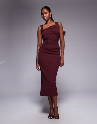 ASOS DESIGN - Midikleid in Burgunderrot mit eckigem Ausschnitt-Brown