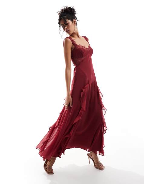 ASOS DESIGN – Midikleid in Burgunderrot mit Spitzeneinsatz, Rüschenverzierung und Bindedetail am Rücken - view 1