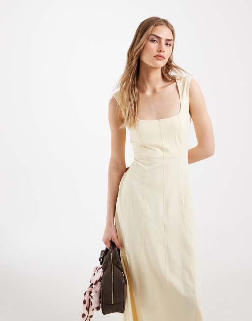 ASOS DESIGN – Midikleid in Buttermilchgelb mit eckigem Ausschnitt und Ziernaht, 2 von 4