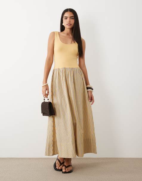 ASOS DESIGN – Midikleid in Buttermilchgelb mit verdrehter Schulterpartie und Streifenrock - view 1