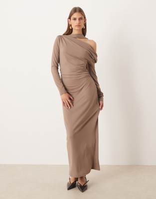 ASOS DESIGN - Midikleid in Camel mit abfallender Schulterpartie und Halsbandschal-Keine Farbe
