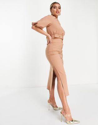 ASOS DESIGN - Midikleid in Camel mit Puffärmeln, durchgehender Knopfleiste und Gürtel-Neutral