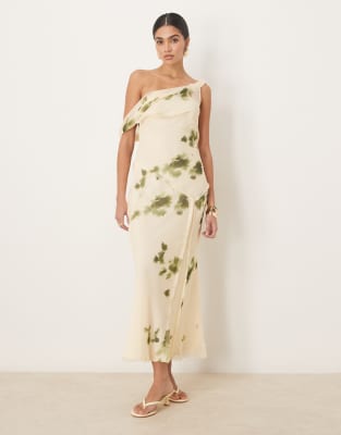 ASOS DESIGN - Midikleid in Cremeweiß mit abfallender Schulterpartie, verdrehtem Wasserfallausschnitt und verschwommenem,...