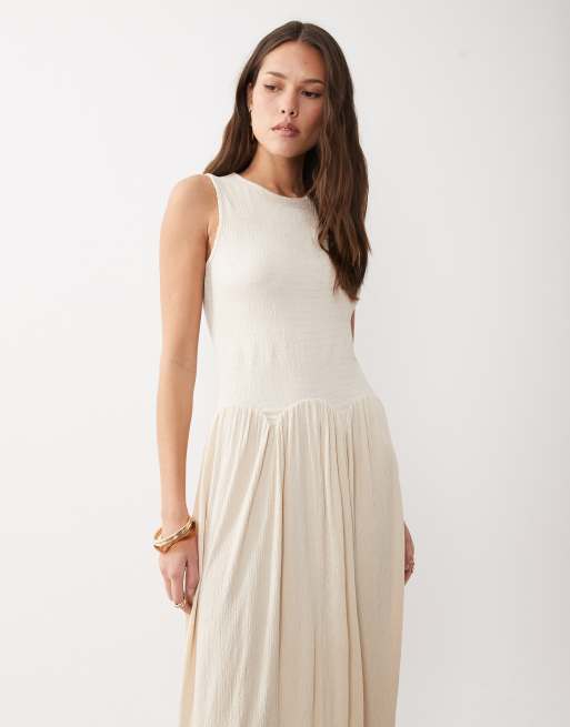 ASOS DESIGN – Midikleid in Cremeweiß mit Farbblockdesign und Knitterstruktur, 2 von 4