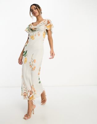 ASOS DESIGN - Midikleid in Cremeweiß mit Flatterärmeln, Wasserfallkragen und Blumenmuster-Bunt