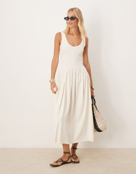 ASOS DESIGN – Midikleid in Cremeweiß mit geripptem Oberteil mit U-Ausschnitt und tiefen Taillenbund - view 1