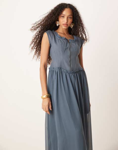ASOS DESIGN – Midikleid in Denim-Blau mit Reißverschluss und Twill-Oberteil - view 1