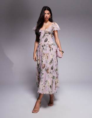 ASOS DESIGN - Midikleid in Flieder mit weitem Rock, tiefer Taille und Vintage-Blumenmuster-Bunt