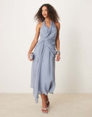 ASOS DESIGN - Midikleid in gedämpftem Blau mit tiefem Ausschnitt, Neckholder und Drapierung