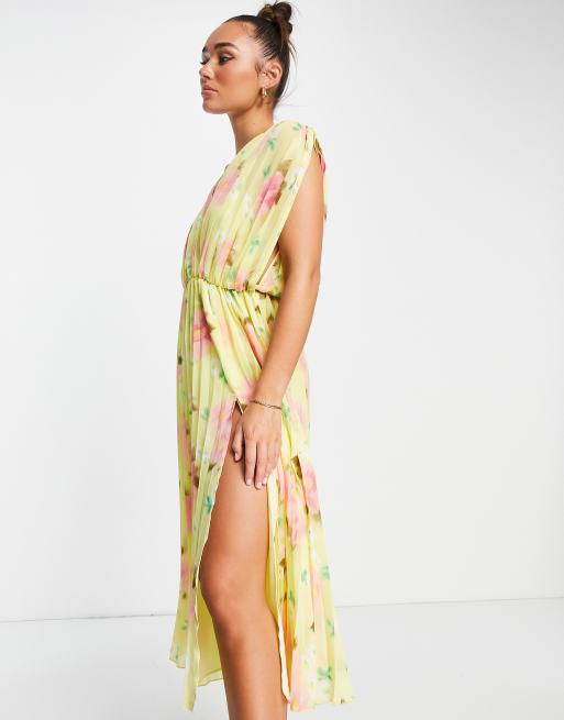 ASOS DESIGN – Midikleid in Gelb geblümt mit plissierter Wickelvorderseite , 4 von 4