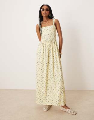 ASOS DESIGN - Midikleid in Gelb mit Blümchenprint und eckigem Ausschnitt-Bunt