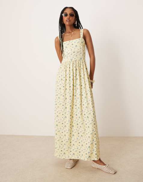 ASOS DESIGN – Midikleid in Gelb mit Blümchenprint und eckigem Ausschnitt - view 1