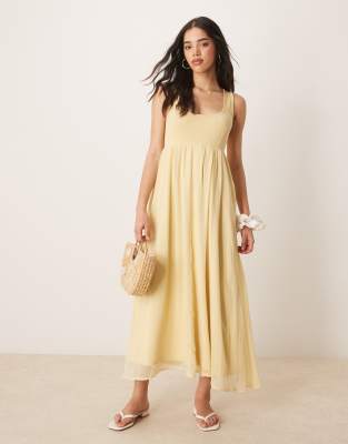 ASOS DESIGN - Midikleid in Gelb mit Chiffonrock und fein gerippter Brustpartie