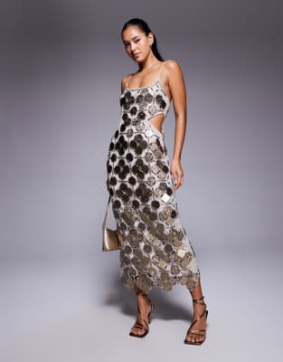 ASOS DESIGN - Midikleid in Graphit mit Verzierung, Zierausschnitt und Gitterdetails-Goldfarben