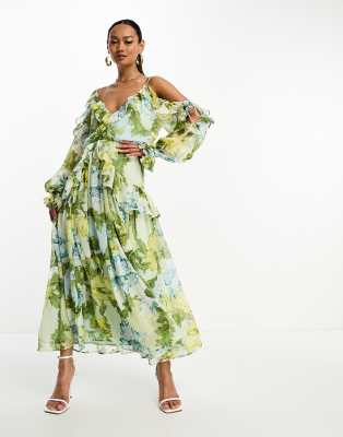 ASOS DESIGN - Midikleid in Grün mit blauem Blumenmuster, Rüschen und schulterfreiem Design-Bunt