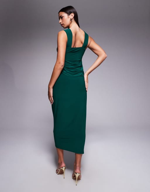 ASOS DESIGN – Midikleid in Grün mit geformtem Ausschnitt, breiten Trägern und drapiertem Rockteil, 3 von 4