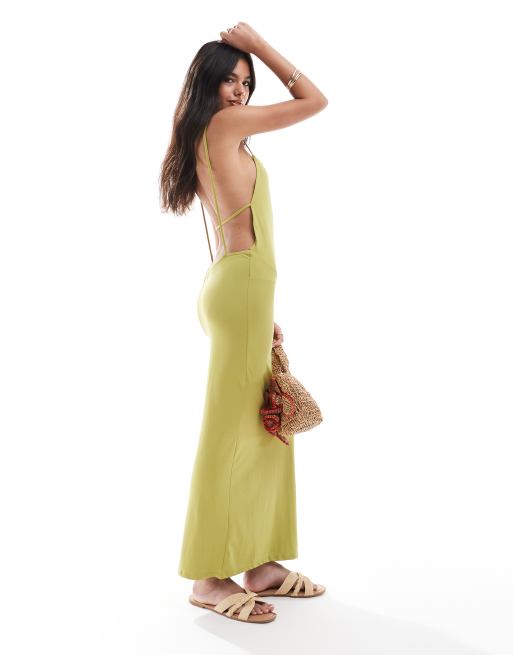 ASOS DESIGN – Midikleid in Grün mit hochgeschlossenem, eckigem Ausschnitt und Riemchen-Design hinten