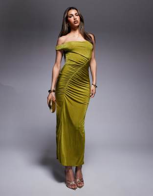 ASOS DESIGN - Midikleid in Grün mit überschnittenen Schultern und Raffung