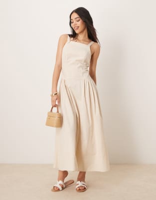 ASOS DESIGN - Midikleid in Hellbeige mit eckigem Ausschnitt und tiefer Taille-Neutral