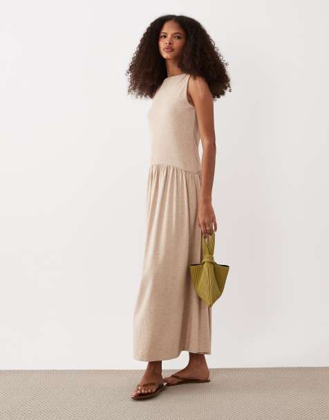 ASOS DESIGN – Midikleid in Hellbeige mit tiefer Taille und gemischter Rippstruktur - view 1