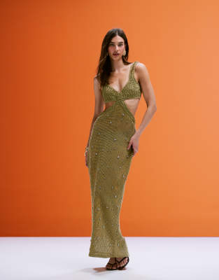 ASOS DESIGN – Midikleid in hellem Khaki mit Kordel-Artwork-Verzierung am Dekolleté - view 1