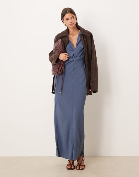 ASOS DESIGN – Midikleid in Jeansblau mit drapiertem Knoten vorn - view 1
