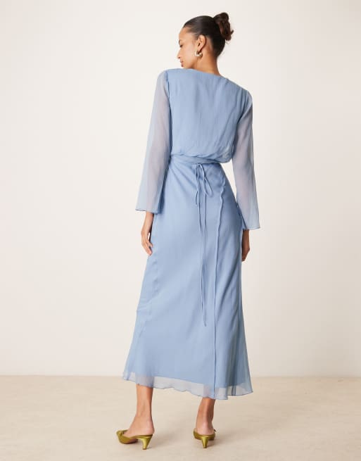 ASOS DESIGN – Midikleid in Jeansblau mit Wickeloptik vorne und Ziernähten, 4 von 4