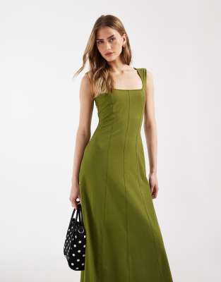 ASOS DESIGN - Midikleid in Khaki mit eckigem Ausschnitt und Ziernaht-Neutral