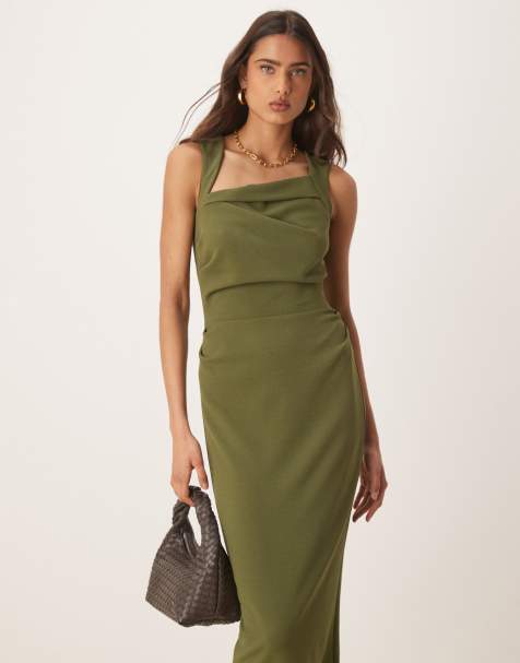 ASOS DESIGN – Midikleid in Khaki mit eckigem Ausschnitt - view 1