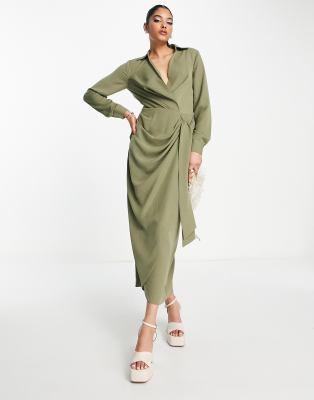 ASOS DESIGN - Midikleid in Khaki mit Kragen, Raffung und Bindeband in der Taille-Grün