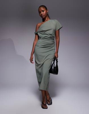 ASOS DESIGN - Midikleid in Khaki mit verdrehtem Detail an der Schulter-Grün