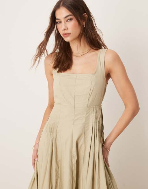 ASOS DESIGN scoop neck pleat waist midi dress in putty