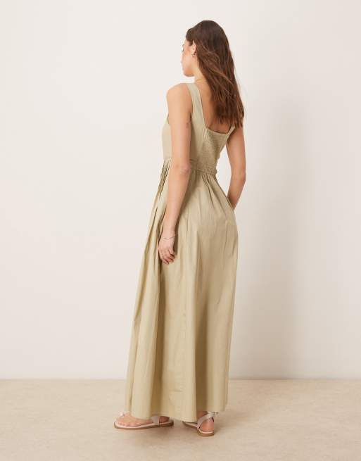 ASOS DESIGN scoop neck pleat waist midi dress in putty