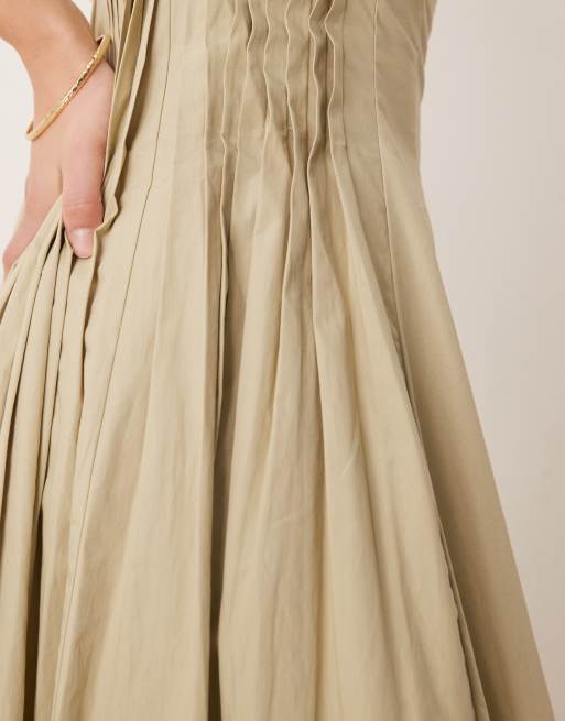 ASOS DESIGN scoop neck pleat waist midi dress in putty