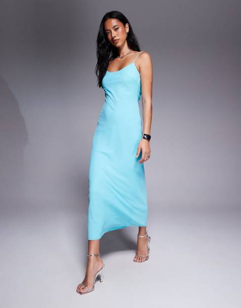 ASOS DESIGN – Midikleid in leuchtendem Blau mit Trägern und Wasserfall-Dekolleté - view 1