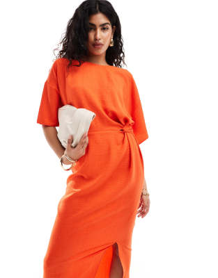 ASOS DESIGN - Midikleid in leuchtendem Orange mit Flügelärmeln und drapierter Taille mit Laschendetail