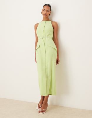 ASOS DESIGN - Midikleid in Limettengrün mit Schlitzausschnitt, Gürtel und Taschen