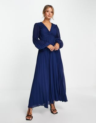 ASOS DESIGN - Midikleid in Marineblau mit plissiertem Hauptteil und tiefem Ausschnitt