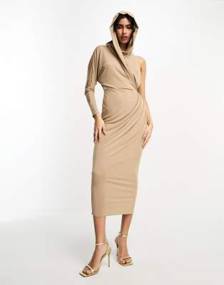 ASOS DESIGN - Midikleid in Mokka-Braun mit One-Shoulder-Träger und drapierter Kapuze-Brown