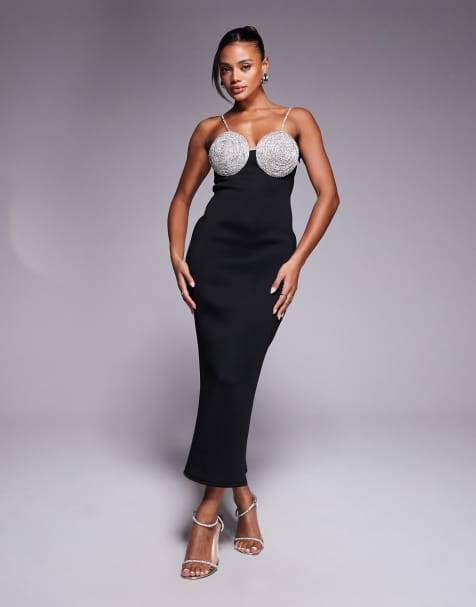 ASOS DESIGN – Midikleid in Neopren-Optik in Schwarz mit BH-Detail mit Silberverzierung - view 1