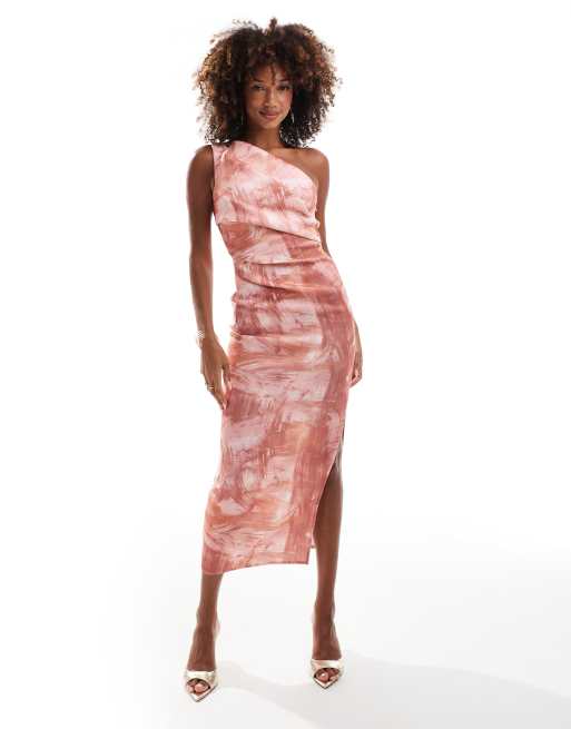 ASOS DESIGN – Midikleid in Neopren-Optik mit One-Shoulder-Träger, Faltendetails und abstraktem Muster in Rosa
