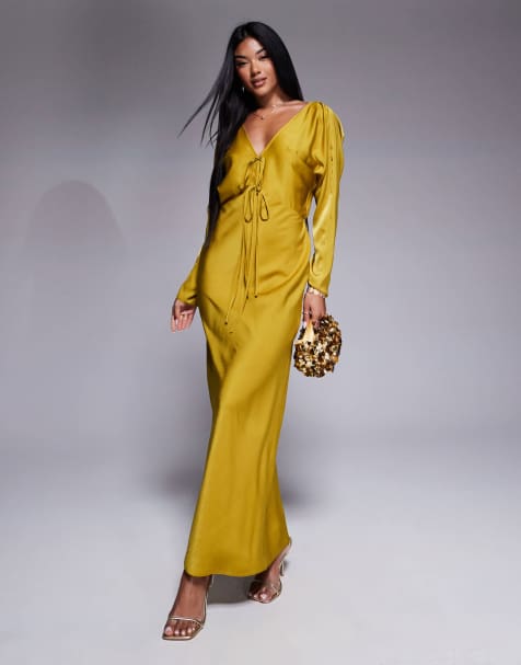 ASOS DESIGN – Midikleid in Ocker mit gebundener Vorderseite und Fledermausärmeln - view 1