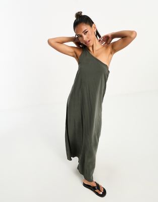 ASOS DESIGN - Midikleid in Olivgrün mit geknotetem One-Shoulder-Träger