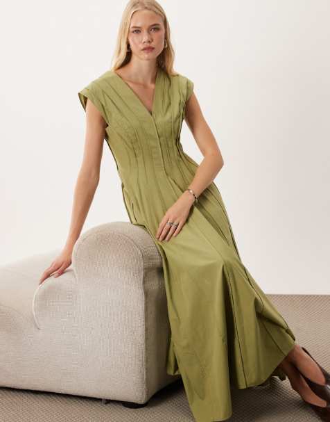 ASOS DESIGN – Midikleid in Olivgrün mit V-Ausschnitt und formenden Einsätzen - view 1