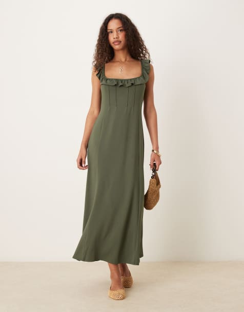ASOS DESIGN – Midikleid in Olivgrün mit Vorderseite und Trägern im Rüschen-Design - view 1